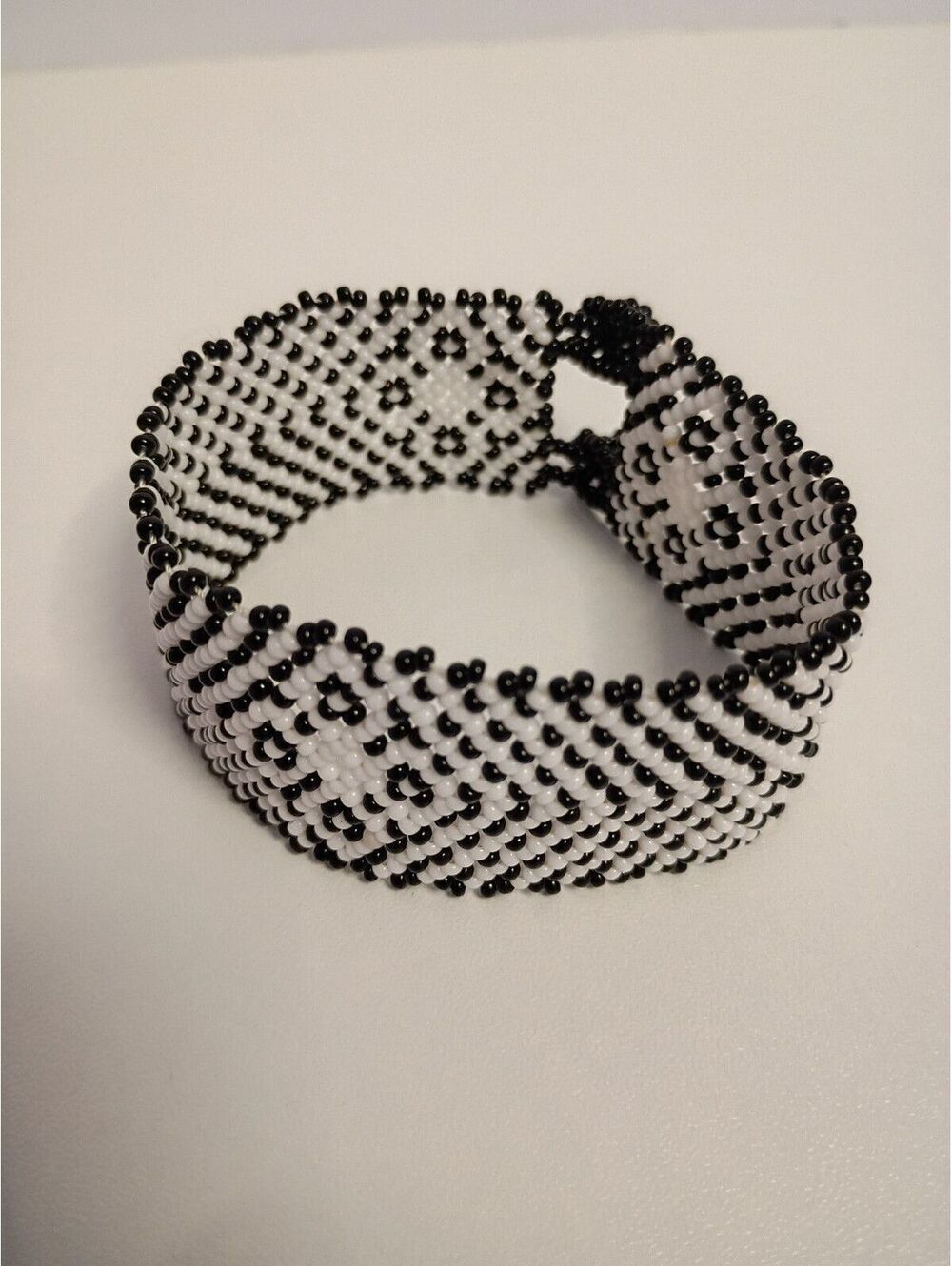 Native American Design Style Black and White Beaded Cuff Bracelet